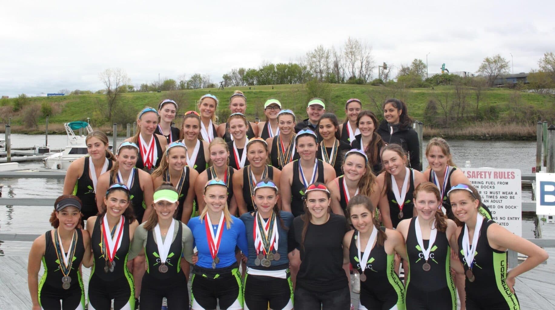 The 2022 CBC Varsity girls rowing team after the 2022 Saratoga Invitational